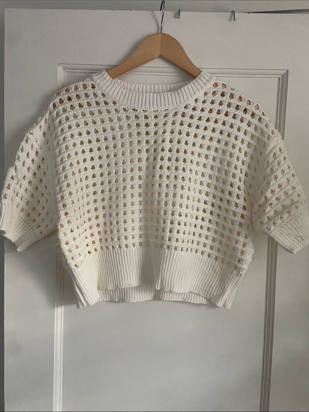 Papermoon Cream Open-Weave Short Sleeve Cottage Core Sweater Boho Y2K Minimalist